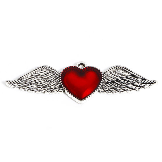 Immagine di Lega di Zinco Religione Ciondoli Argento Antico Rosso Ex Voto Cuore Ali Smalto 5.5cm x 1.8cm, 5 Pz