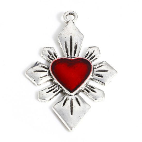Immagine di Lega di Zinco Religione Ciondoli Argento Antico Rosso Ex Voto Cuore Croce Smalto 4cm x 2.5cm, 5 Pz