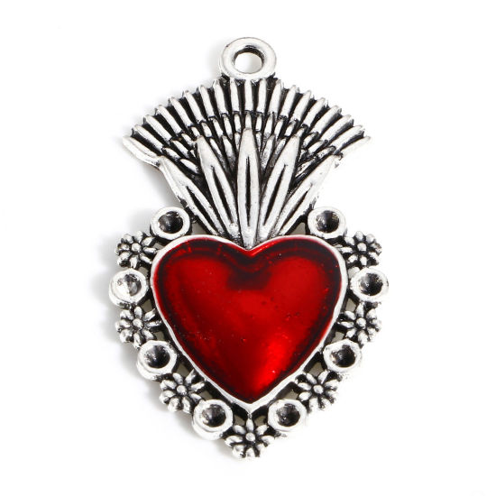 Immagine di Lega di Zinco Religione Ciondoli Argento Antico Rosso Ex Voto Cuore Smalto 3.7cm x 2cm, 5 Pz