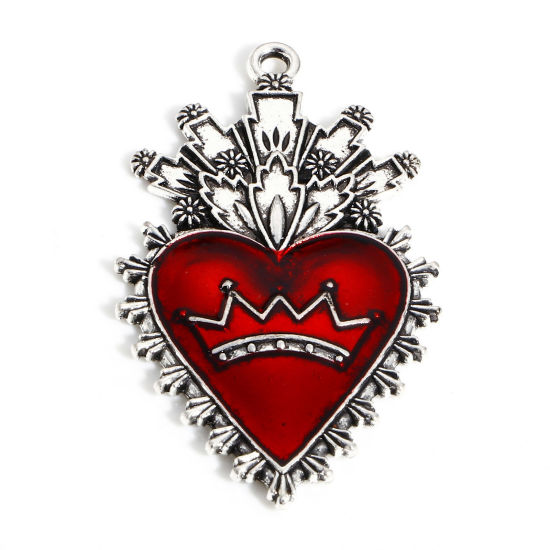 Immagine di Lega di Zinco Religione Ciondoli Argento Antico Rosso Ex Voto Cuore Corona Smalto 4.6cm x 2.7cm, 5 Pz