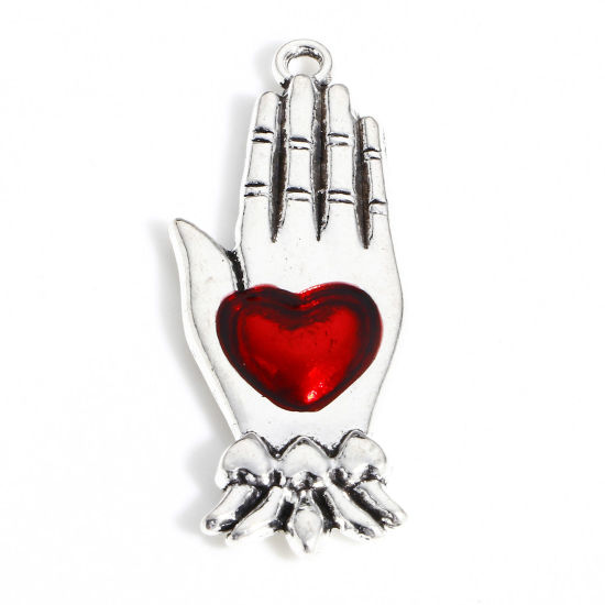 Immagine di Lega di Zinco Religione Ciondoli Argento Antico Rosso Ex Voto Cuore Mani Smalto 4.4cm x 1.7cm, 5 Pz