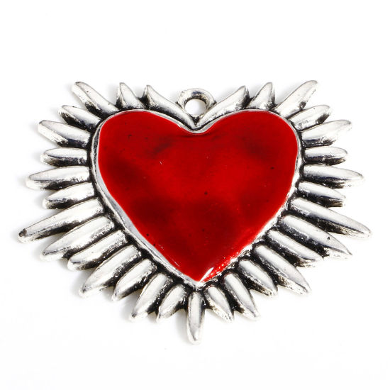 Immagine di Lega di Zinco Religione Ciondoli Argento Antico Rosso Ex Voto Cuore Raggi del Sole Smalto 3.7cm x 3.4cm, 5 Pz