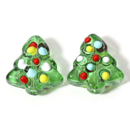 Picture of Lampwork Glass Beads For DIY Jewelry Making Christmas Tree Green Enamel About 16mm x 15mm, Hole: Approx 1mm, 2 PCs