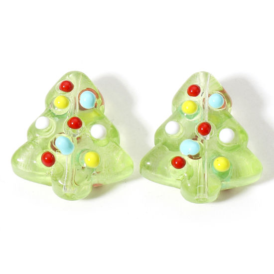 Picture of Lampwork Glass Beads For DIY Jewelry Making Christmas Tree Light Green Enamel About 16mm x 15mm, Hole: Approx 1mm, 2 PCs