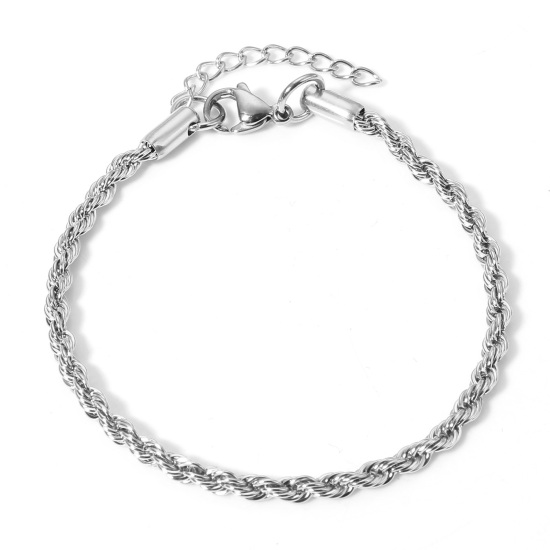 Picture of 1 Piece 304 Stainless Steel Braided Rope Chain Bracelets Silver Tone With Lobster Claw Clasp 18cm(7 1/8") long, 3mm