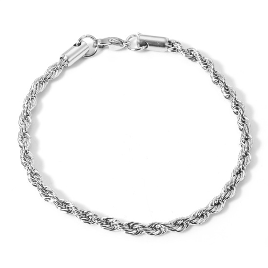 Picture of 1 Piece 304 Stainless Steel Braided Rope Chain Bracelets Silver Tone With Lobster Claw Clasp 20cm(7 7/8") long, 4mm