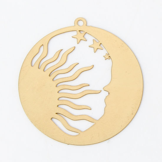 Picture of 10 PCs Iron Based Alloy Filigree Stamping Pendants KC Gold Plated Round Sun & Moon Hollow 3.2cm x 3cm
