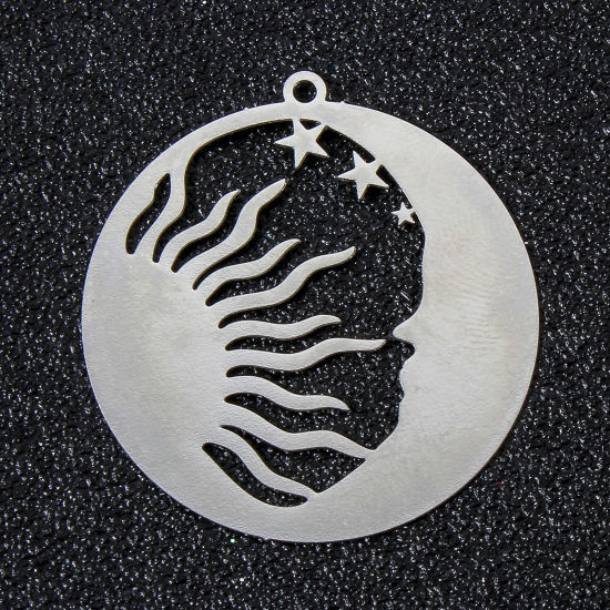 Picture of 10 PCs Iron Based Alloy Filigree Stamping Pendants Silver Tone Round Sun & Moon Hollow 3.2cm x 3cm