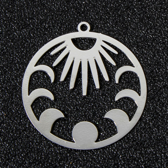 Picture of 10 PCs Iron Based Alloy Filigree Stamping Pendants Silver Tone Sun Moon Phases Hollow 3.1cm x 2.9cm