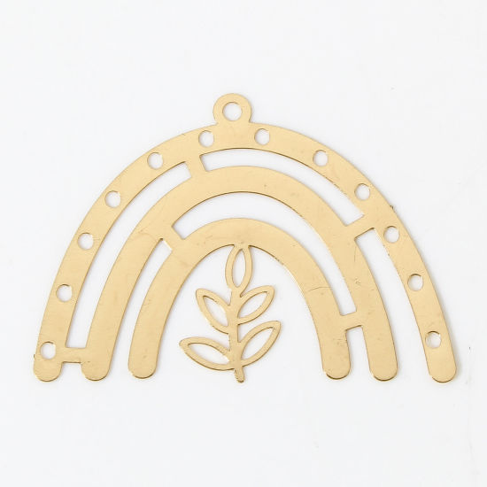 Picture of 10 PCs Iron Based Alloy Filigree Stamping Pendants KC Gold Plated Rainbow Leaf Hollow 3.8cm x 2.7cm