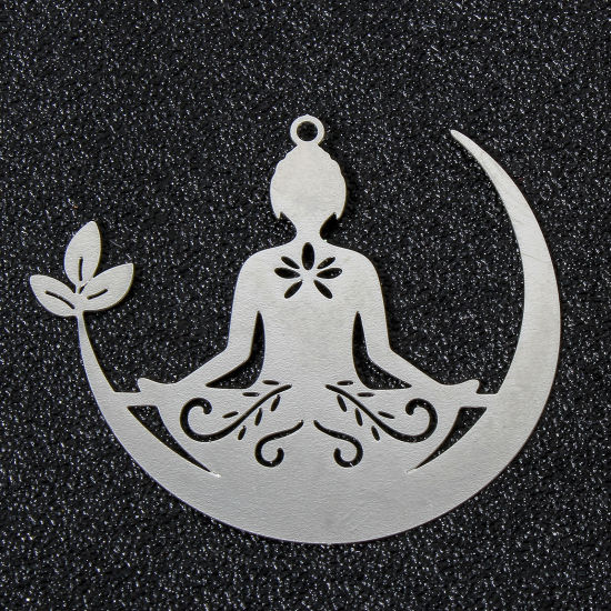 Picture of 10 PCs Iron Based Alloy Filigree Stamping Pendants Silver Tone Yoga Moon Hollow 4.4cm x 3.8cm