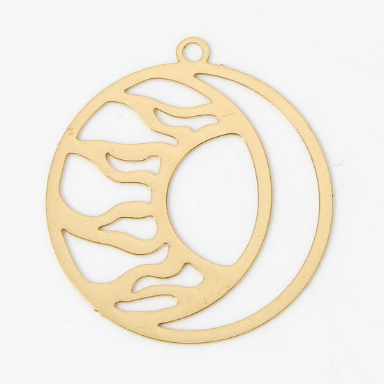 Picture of 10 PCs Iron Based Alloy Filigree Stamping Charms KC Gold Plated Round Sun & Moon Hollow 26mm x 23mm