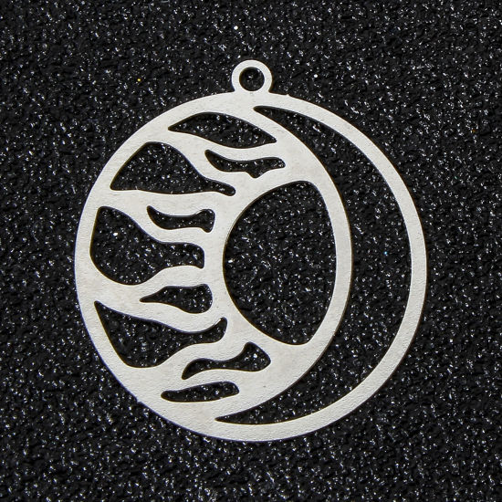 Picture of 10 PCs Iron Based Alloy Filigree Stamping Charms Silver Tone Round Sun & Moon Hollow 26mm x 23mm