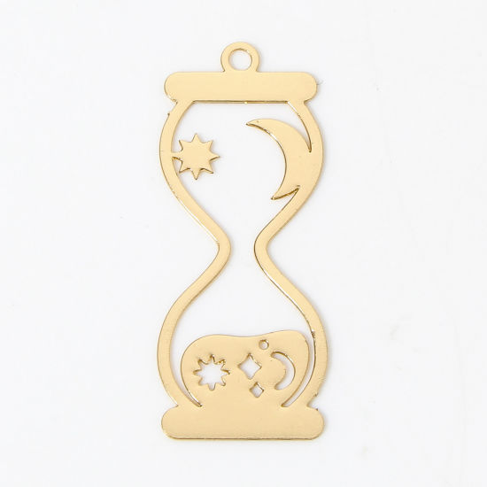 Picture of 10 PCs Iron Based Alloy Filigree Stamping Pendants KC Gold Plated Hourglass Moon Hollow 3.1cm x 1.2cm