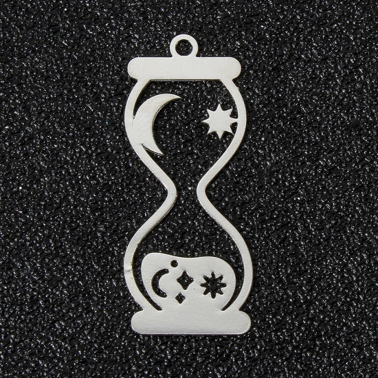 Picture of 10 PCs Iron Based Alloy Filigree Stamping Pendants Silver Tone Hourglass Moon Hollow 3.1cm x 1.2cm