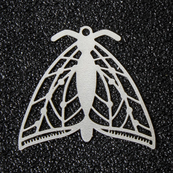 Picture of 10 PCs Iron Based Alloy Filigree Stamping Charms Silver Tone Moth Hollow 23mm x 21mm