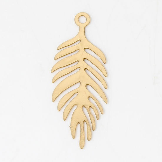 Picture of 10 PCs Iron Based Alloy Filigree Stamping Charms KC Gold Plated Feather Hollow 25mm x 10mm