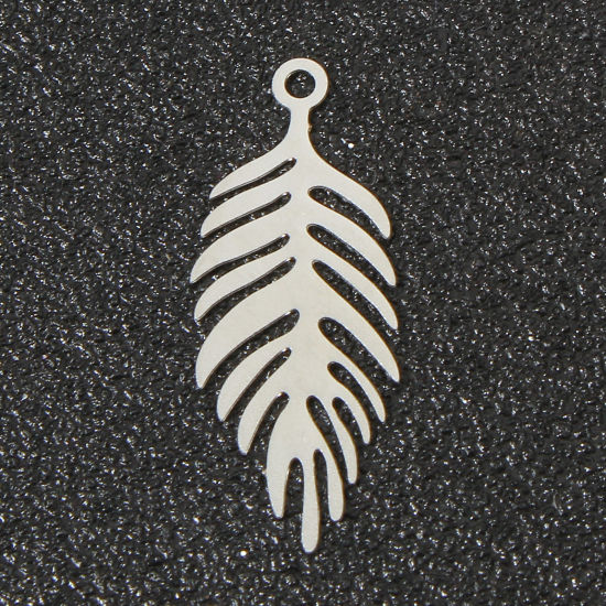 Picture of 10 PCs Iron Based Alloy Filigree Stamping Charms Silver Tone Feather Hollow 25mm x 10mm