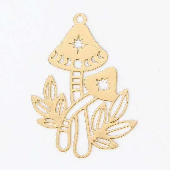 Picture of 10 PCs Iron Based Alloy Filigree Stamping Pendants KC Gold Plated Mushroom Grass Hollow 3.5cm x 2.4cm