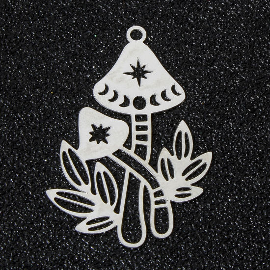 Picture of 10 PCs Iron Based Alloy Filigree Stamping Pendants Silver Tone Mushroom Grass Hollow 3.5cm x 2.4cm