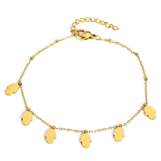 Picture of 1 Piece 304 Stainless Steel Religious Link Cable Chain Bracelets Gold Plated Hamsa Symbol Hand With Lobster Claw Clasp And Extender Chain 18cm(7 1/8") long