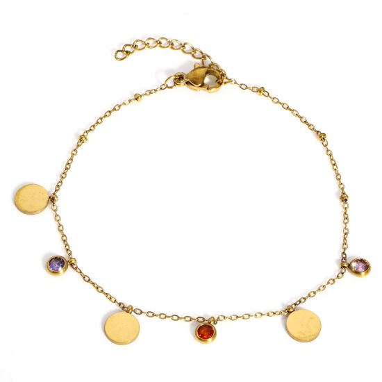 Imagen de 1 Unidad 304 Acero Inoxidable Cable Cadena Cruz Pulseras Chapado en Oro Ronda Multicolor Rhinestone Con Broche de Langosta y Extensor Cadena 18cm longitud