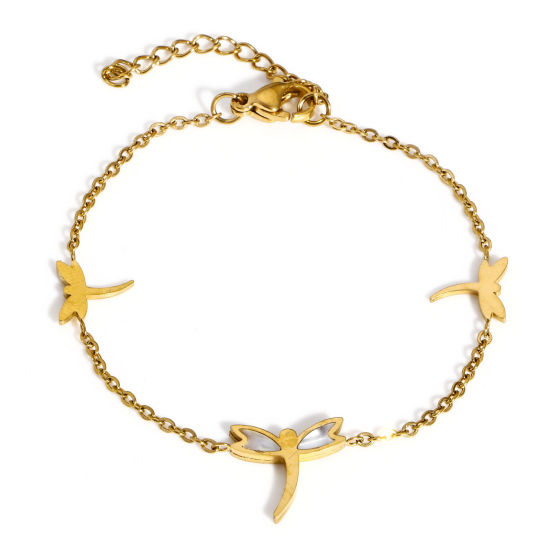 Immagine di 1 Pz 304 Acciaio Inossidabile & Conchiglia Insetto Cavo Catena Braccialetti Oro Placcato Libellula 16cm Lunghezza