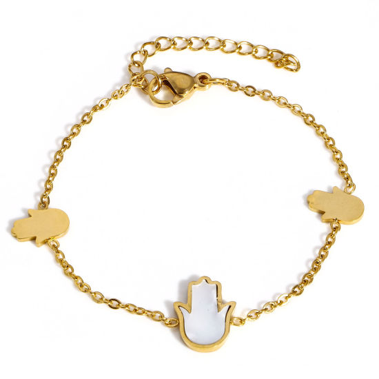 Immagine di 1 Pz 304 Acciaio Inossidabile & Conchiglia Religione Cavo Catena Braccialetti Oro Placcato Palmo 16cm Lunghezza