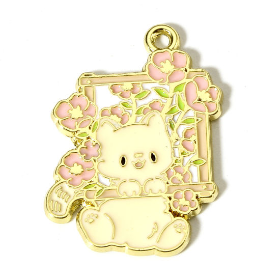 Picture of Zinc Based Alloy Charms Gold Plated Multicolor Cat Animal Flower Enamel 29mm x 21mm, 10 PCs