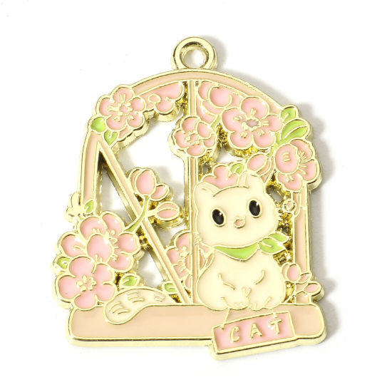 Picture of Zinc Based Alloy Pendants Gold Plated Multicolor Cat Animal Flower Enamel 3cm x 2.4cm, 10 PCs