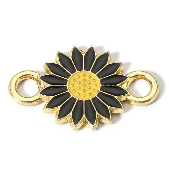 Picture of Zinc Based Alloy Connectors Charms Pendants Gold Plated Black Daisy Flower Enamel 21mm x 13mm, 20 PCs