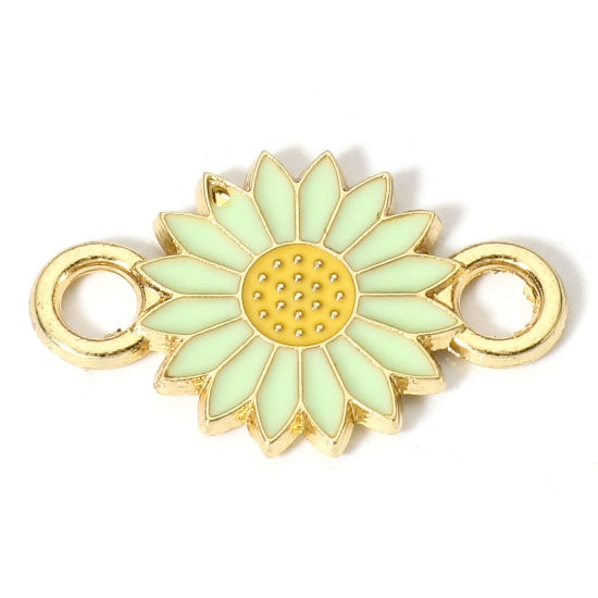 Picture of Zinc Based Alloy Connectors Charms Pendants Gold Plated Green Daisy Flower Enamel 21mm x 13mm, 20 PCs