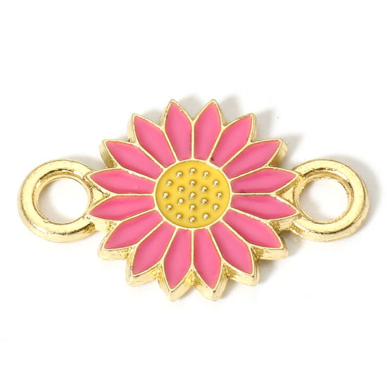 Picture of Zinc Based Alloy Connectors Charms Pendants Gold Plated Fuchsia Daisy Flower Enamel 21mm x 13mm, 20 PCs