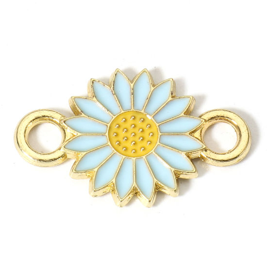 Picture of Zinc Based Alloy Connectors Charms Pendants Gold Plated Skyblue Daisy Flower Enamel 21mm x 13mm, 20 PCs