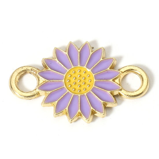 Picture of Zinc Based Alloy Connectors Charms Pendants Gold Plated Purple Daisy Flower Enamel 21mm x 13mm, 20 PCs