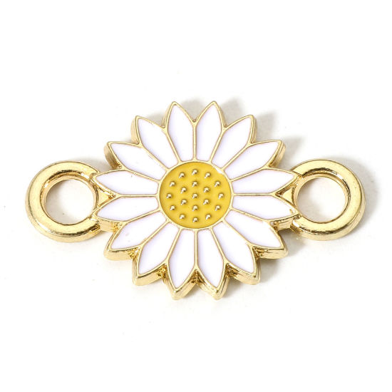 Picture of Zinc Based Alloy Connectors Charms Pendants Gold Plated White Daisy Flower Enamel 21mm x 13mm, 20 PCs