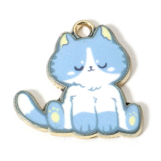 Picture of Zinc Based Alloy Charms Gold Plated White & Blue Cat Animal Enamel 20mm x 20mm, 10 PCs