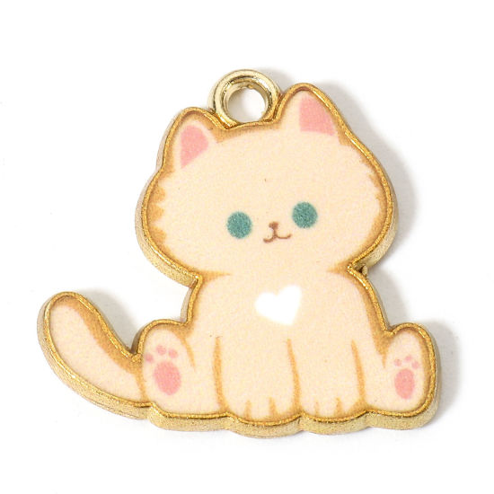 Picture of Zinc Based Alloy Charms Gold Plated Light Beige Cat Animal Enamel 20mm x 20mm, 10 PCs