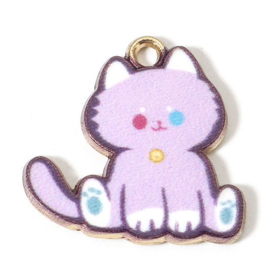 Picture of Zinc Based Alloy Charms Gold Plated Purple Cat Animal Enamel 20mm x 20mm, 10 PCs