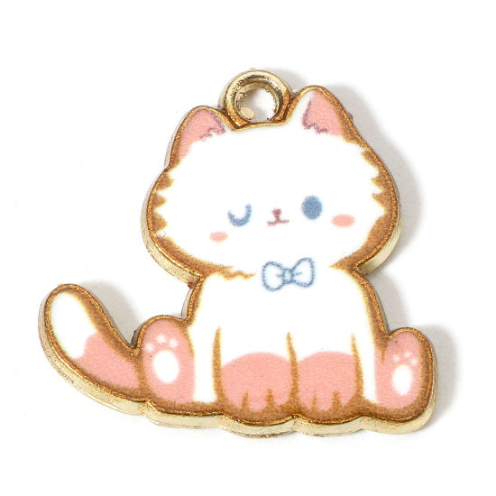 Picture of Zinc Based Alloy Charms Gold Plated Orange Cat Animal Enamel 20mm x 20mm, 10 PCs
