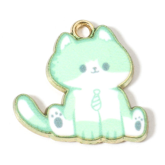 Picture of Zinc Based Alloy Charms Gold Plated White & Green Cat Animal Enamel 20mm x 20mm, 10 PCs