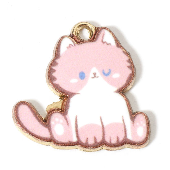 Picture of Zinc Based Alloy Charms Gold Plated White & Pink Cat Animal Enamel 20mm x 20mm, 10 PCs
