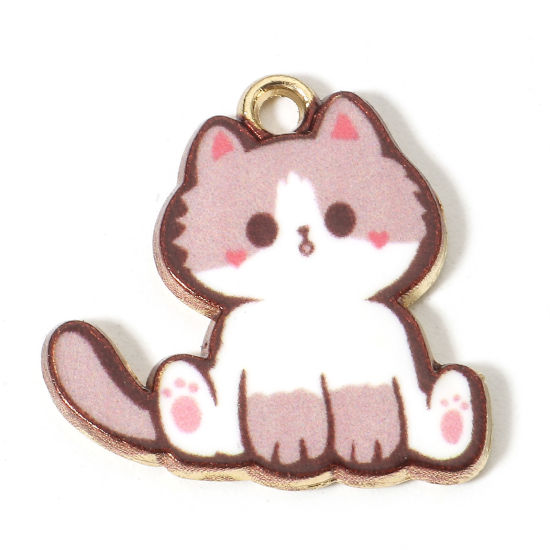 Picture of Zinc Based Alloy Charms Gold Plated Pale Pinkish Gray Cat Animal Enamel 20mm x 20mm, 10 PCs