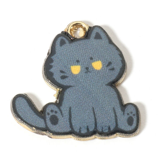 Picture of Zinc Based Alloy Charms Gold Plated Dark Gray Cat Animal Enamel 20mm x 20mm, 10 PCs