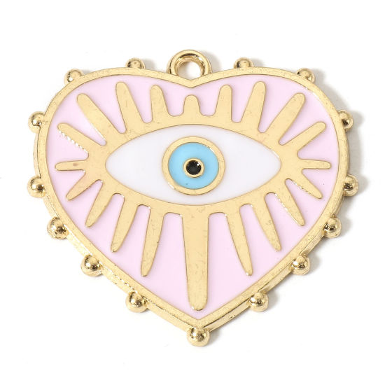 Picture of Zinc Based Alloy Religious Charms Gold Plated Pink Heart Evil Eye Enamel 28mm x 27mm, 10 PCs