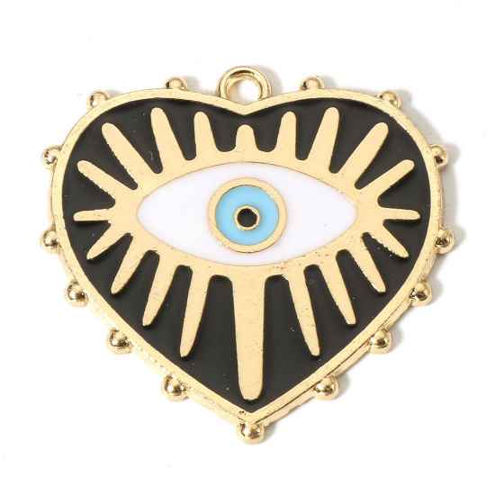 Picture of Zinc Based Alloy Religious Charms Gold Plated Black Heart Evil Eye Enamel 28mm x 27mm, 10 PCs