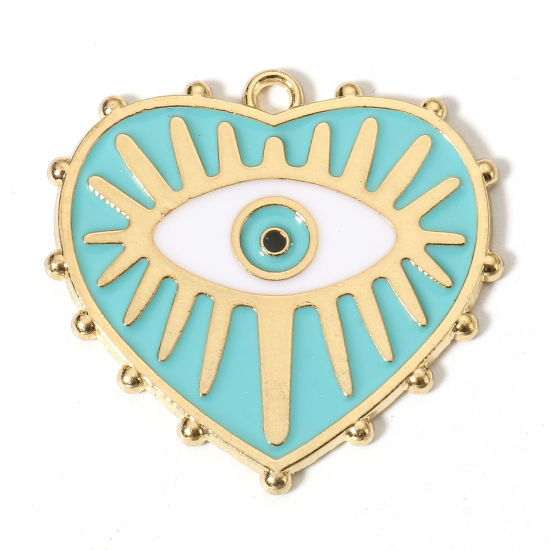 Picture of Zinc Based Alloy Religious Charms Gold Plated Green Blue Heart Evil Eye Enamel 28mm x 27mm, 10 PCs