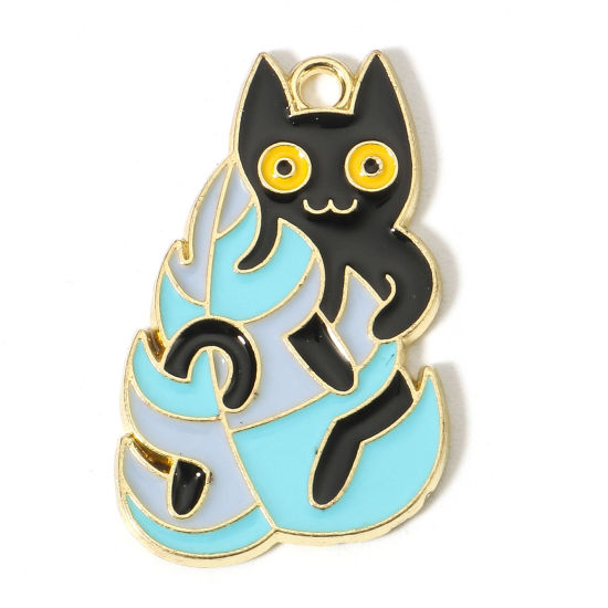 Picture of Zinc Based Alloy Charms Gold Plated Multicolor Flowerpot Cat Enamel 28mm x 18mm, 10 PCs