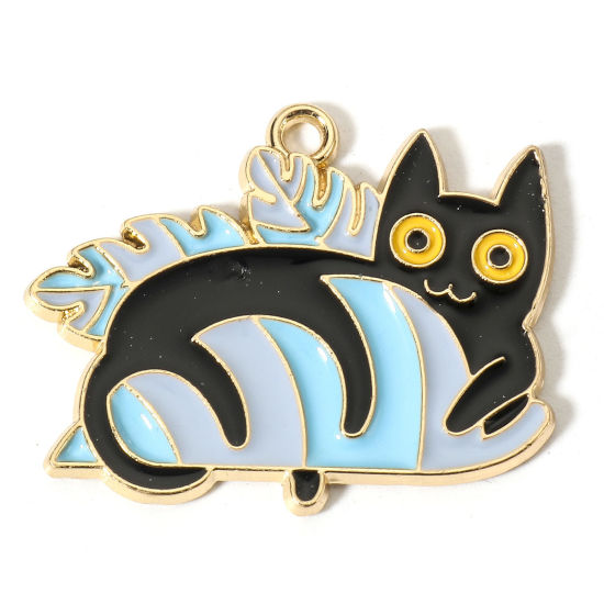 Picture of Zinc Based Alloy Charms Gold Plated Multicolor Flowerpot Cat Enamel 28mm x 23mm, 10 PCs