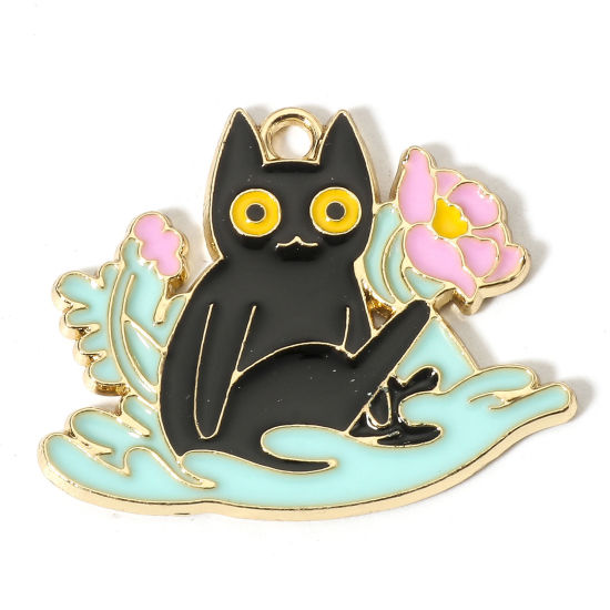 Picture of Zinc Based Alloy Charms Gold Plated Multicolor Flowerpot Cat Enamel 28mm x 23mm, 10 PCs